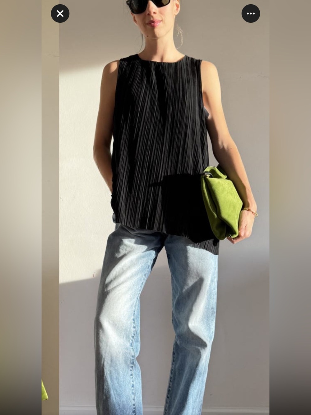 Pleione Sleeveless Pleated Plisse Ribbed Black Women's Top